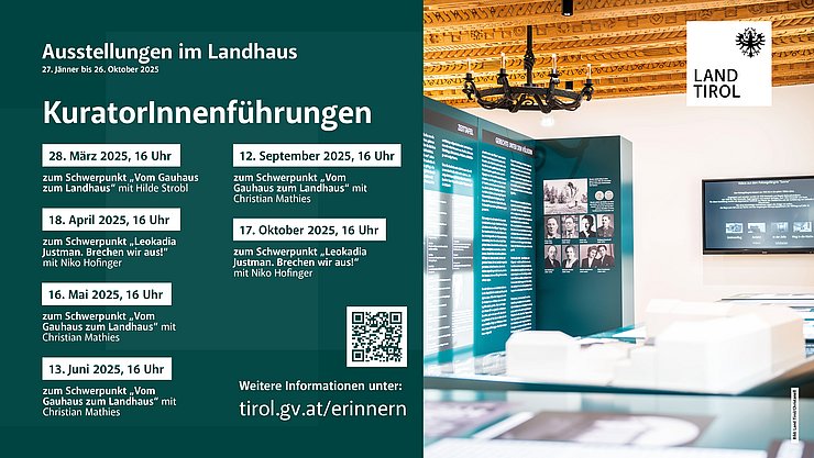 Die Übersicht zu den KuratorInnenführungen rund um die Ausstellungen im Innsbrucker Landhaus. 